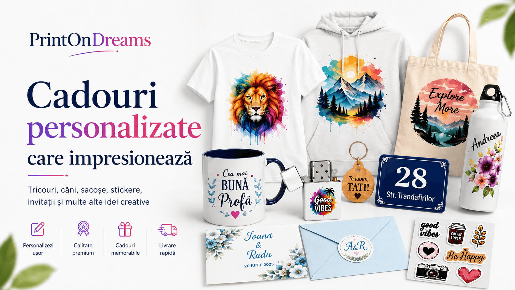 Produse personalizate PrintOnDreams — căni, tricouri, hanorace, stickere, brelocuri