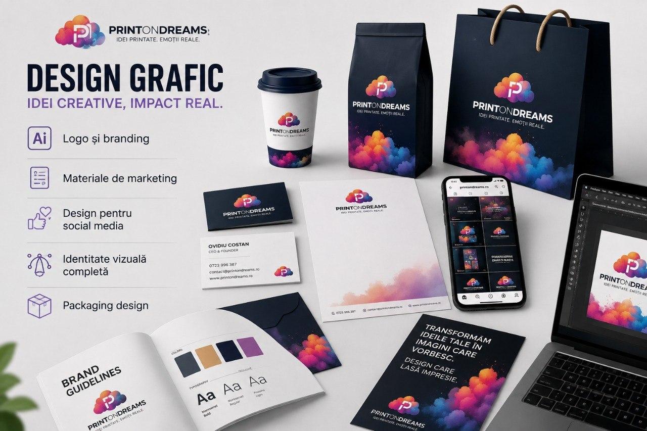 Design Grafic PrintOnDreams — logo, branding, materiale marketing, identitate vizuală
