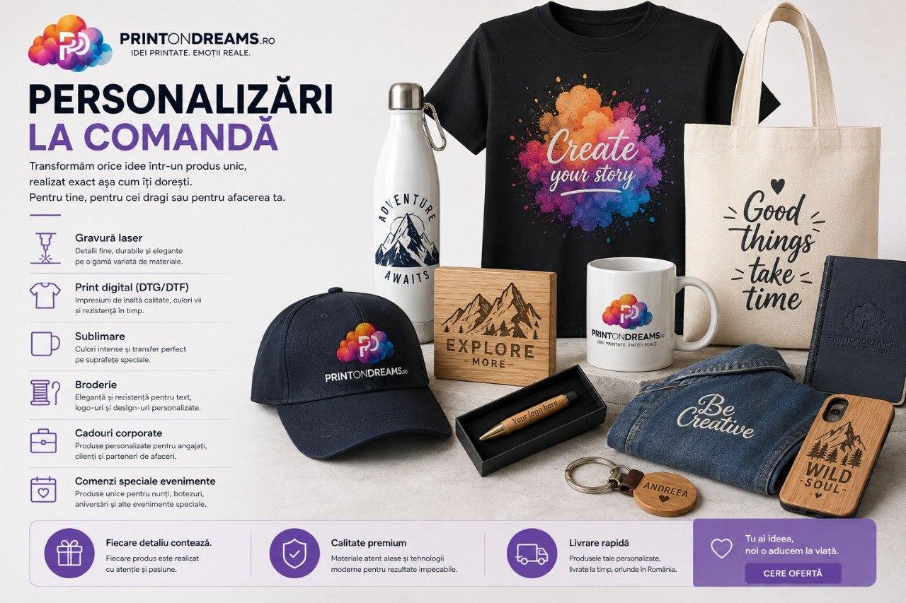 Personalizări la comandă PrintOnDreams — gravură laser, DTF, sublimare, broderie, cadouri