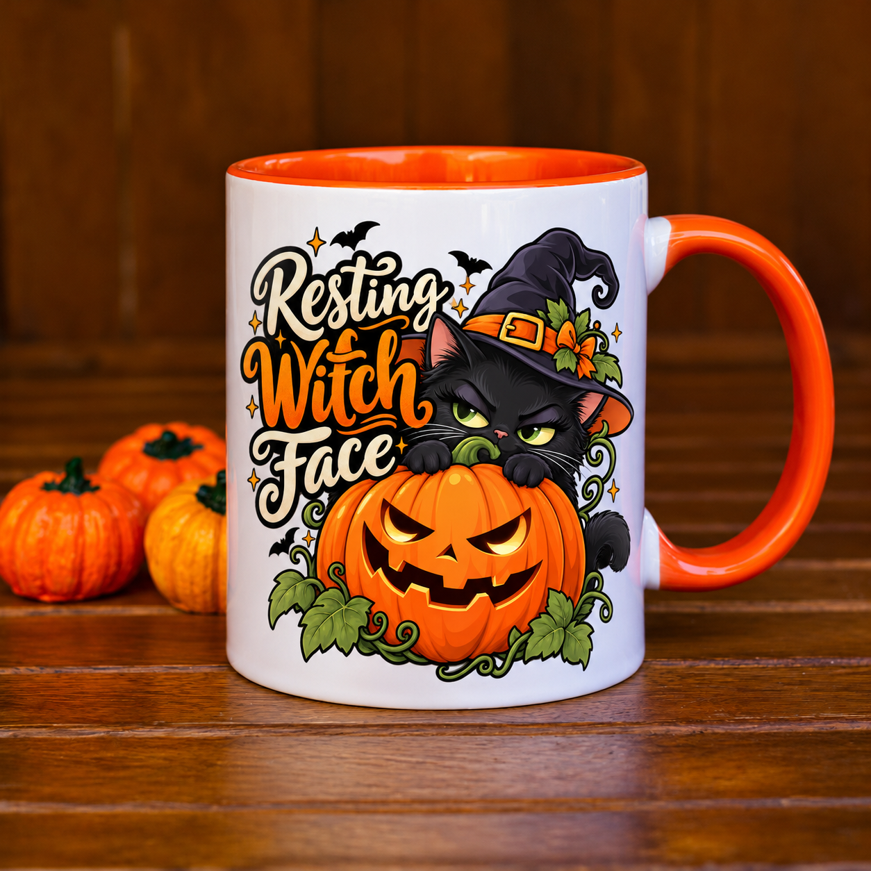 Cană Halloween Resting Witch Face – Pisică Neagră și Dovleac, Interior și Mâner Portocaliu