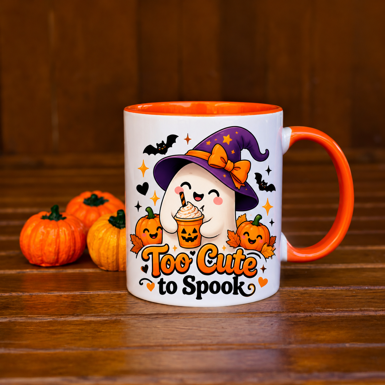 Cană Halloween Too Cute to Spook – Fantomă Drăgălașă, Interior Portocaliu