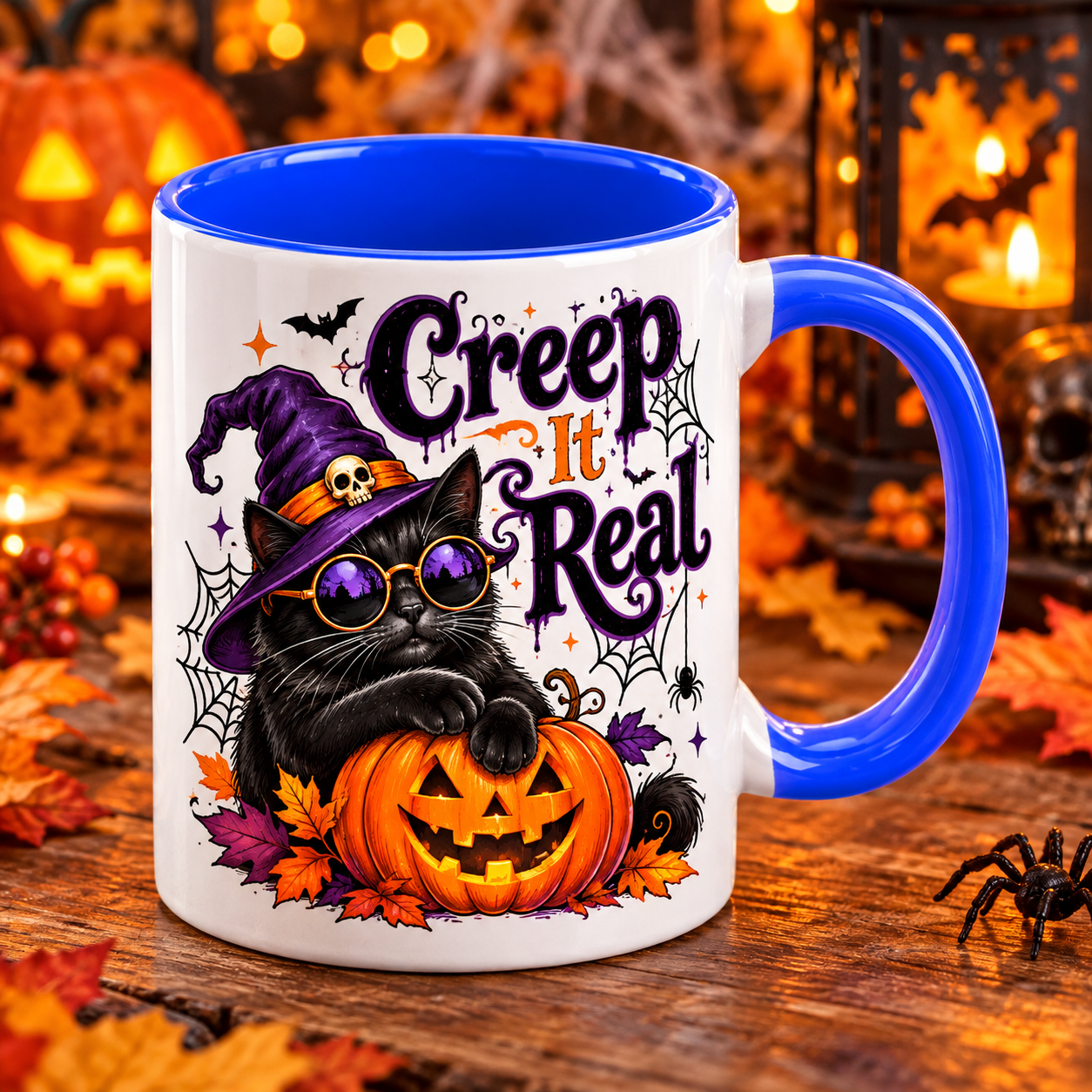 Cană Halloween Creep It Real – Pisică Vrăjitoare, Interior Albastru