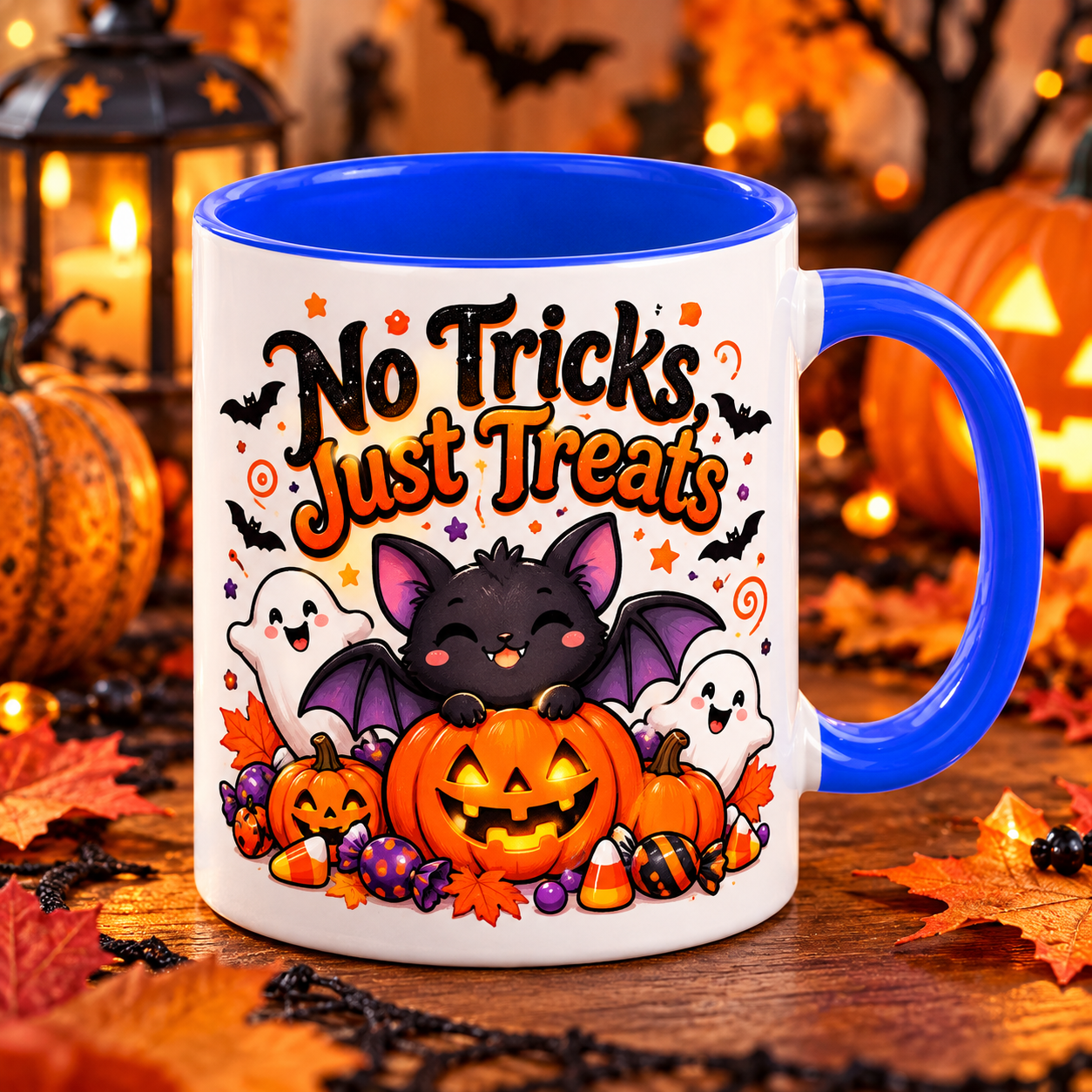 Cană Halloween No Tricks Just Treats – Liliac Drăgălaș, Interior Albastru